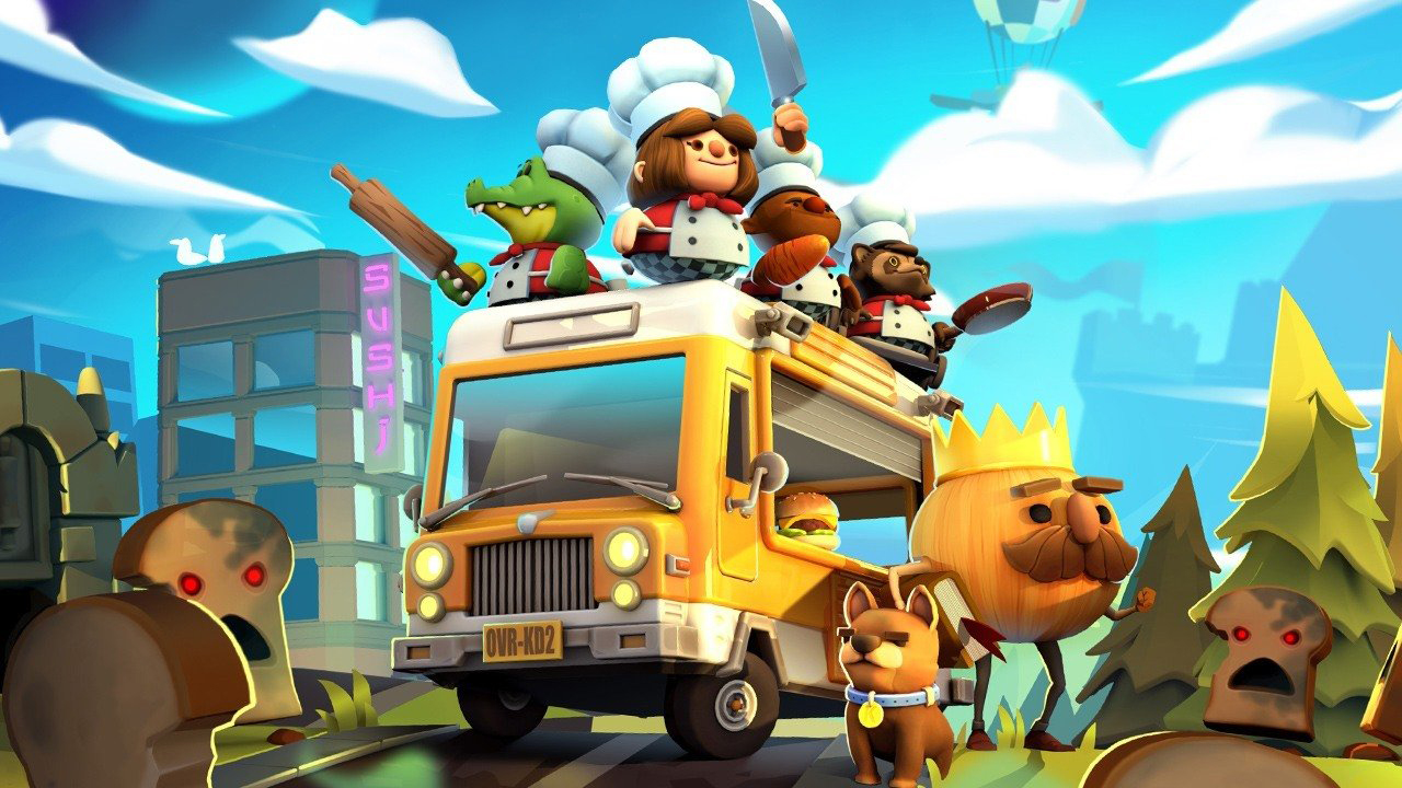 Illustration of Overcooked 2 characters on a food truck.