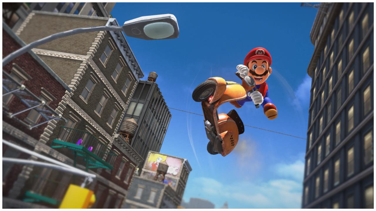 Mario on a scooter jumping over a city street in Super Mario Odyssey.