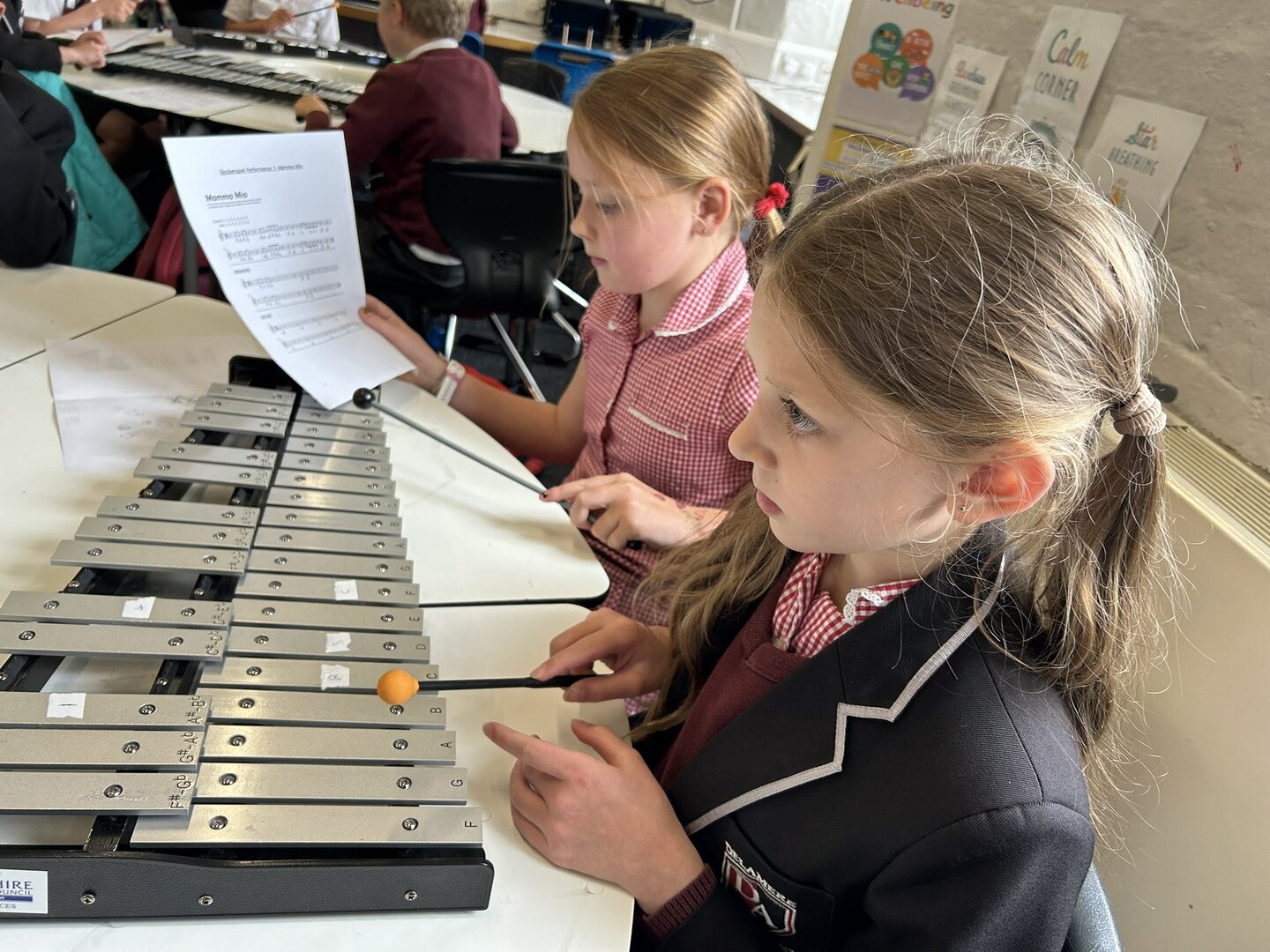 a girl playing a xylophone with a sheet of music behind her